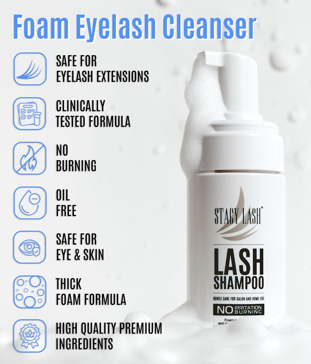 STACY LASH home-use kit shows lash brush included for gentle cleansing