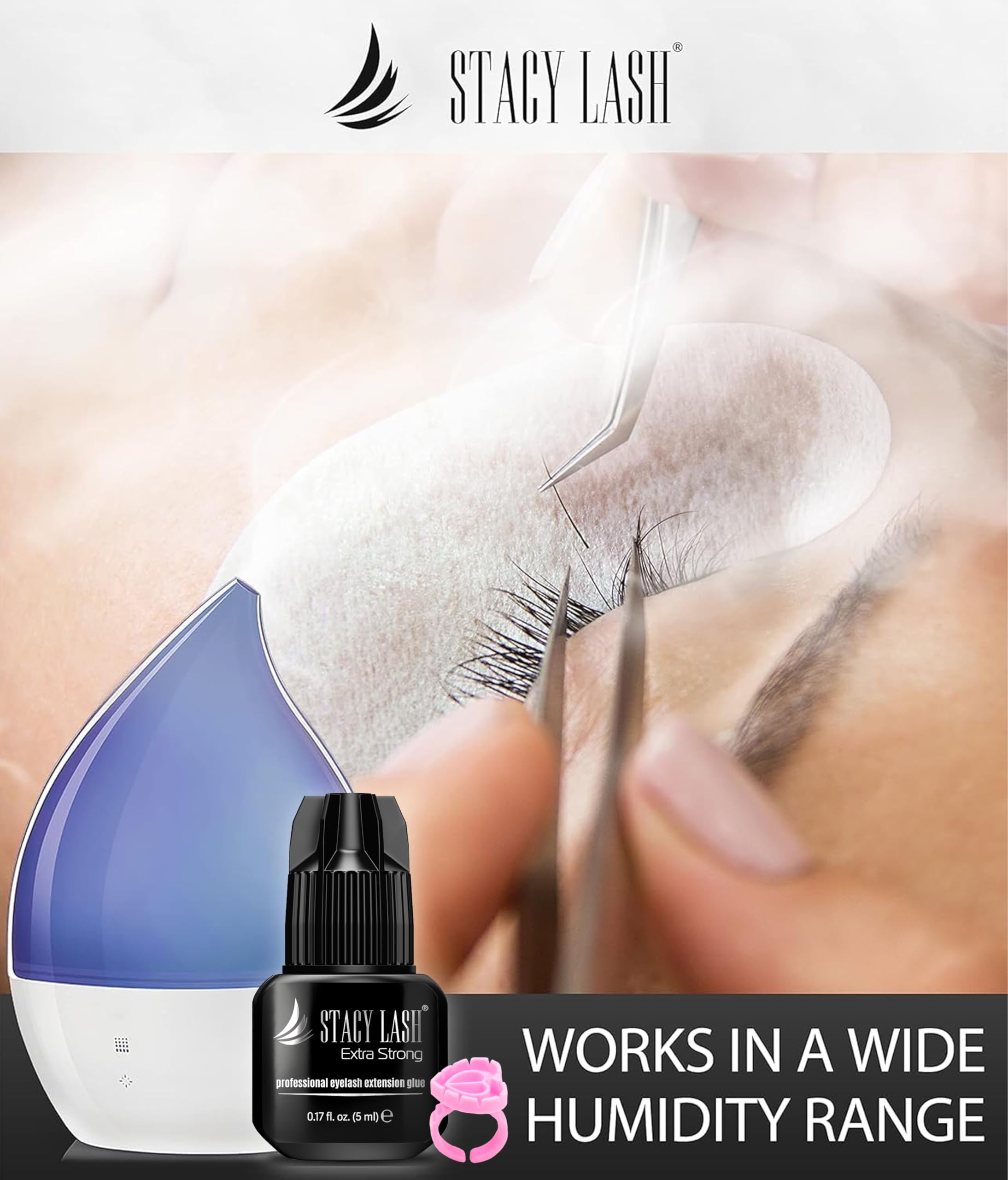 Lash artist uses STACY LASH glue in humidity-controlled scene
