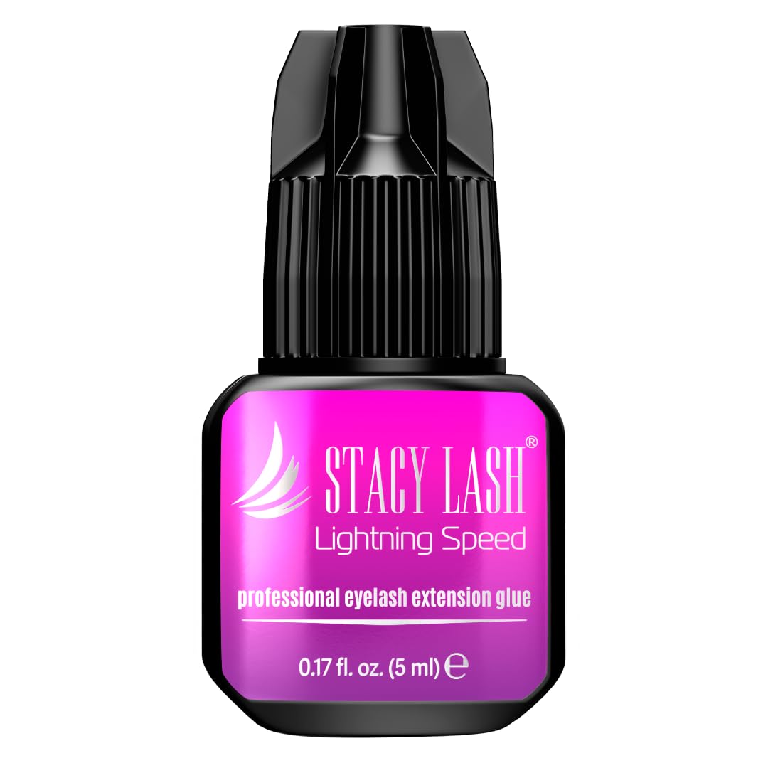 STACY LASH lightning speed glue bottle; fast lash extensions with bold black adhesive.