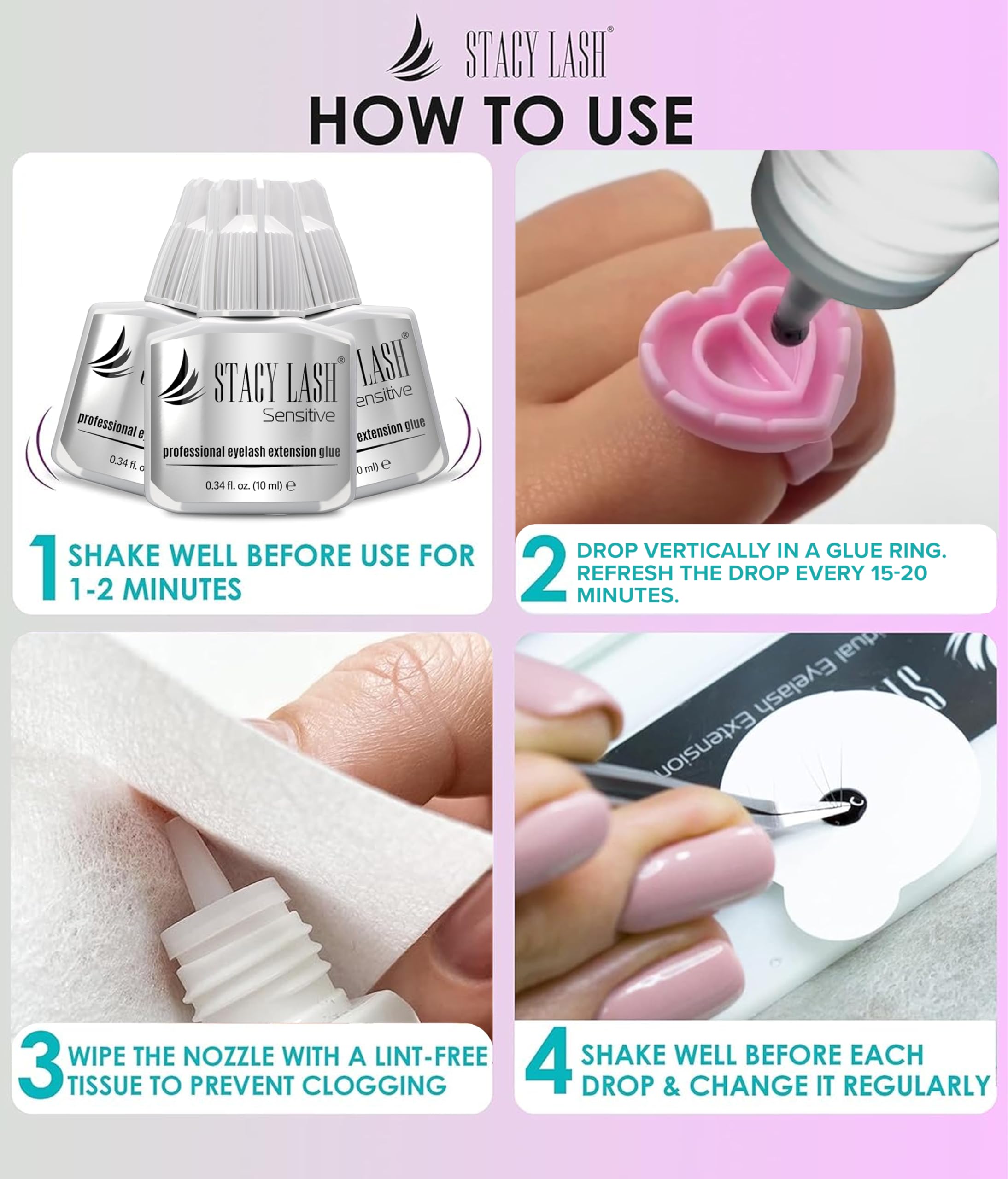 STACY LASH professional glue bottle on a clean work surface for accuracy.