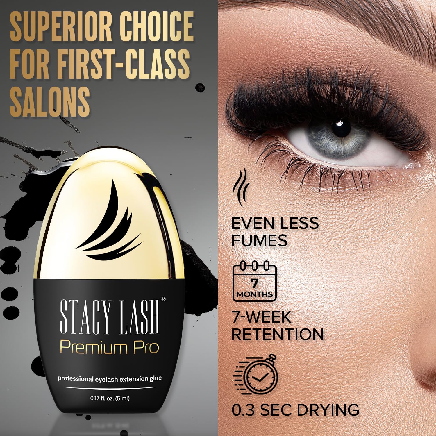STACY LASH Premium Pro glue 0-3s dry time demonstrates fast lash application.