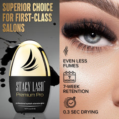 STACY LASH Premium Pro glue 0-3s dry time demonstrates fast lash application.