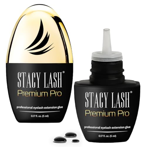 STACY LASH Premium Pro glue bottle closeup highlights strong bonding for extended wear.