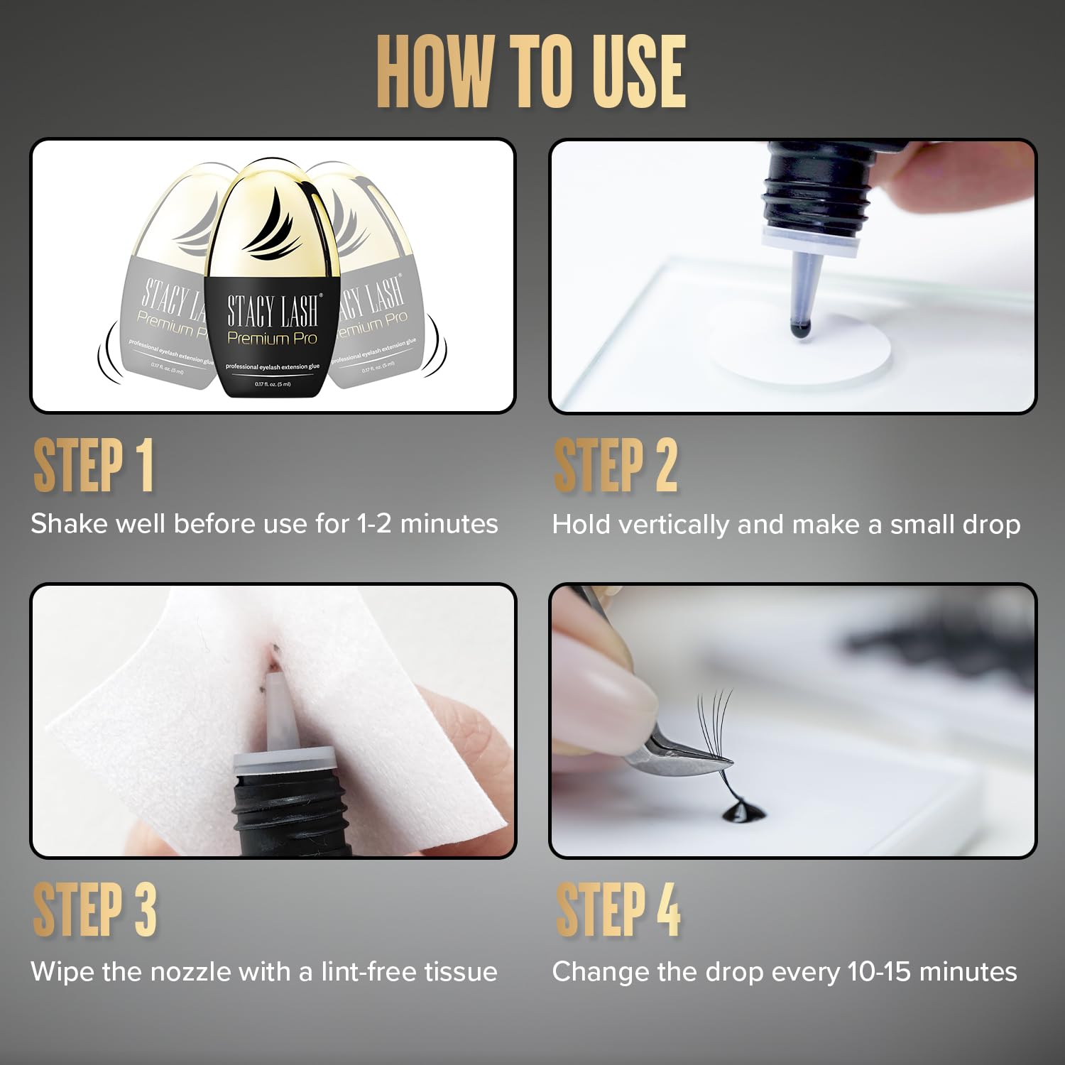 STACY LASH Premium Pro glue bottle design looks luxe and professional in kit.