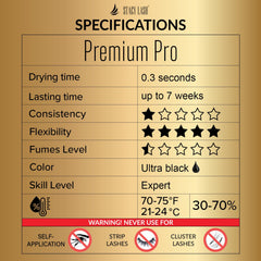 STACY LASH Premium Pro glue bottle shown in humidity and temperature range.