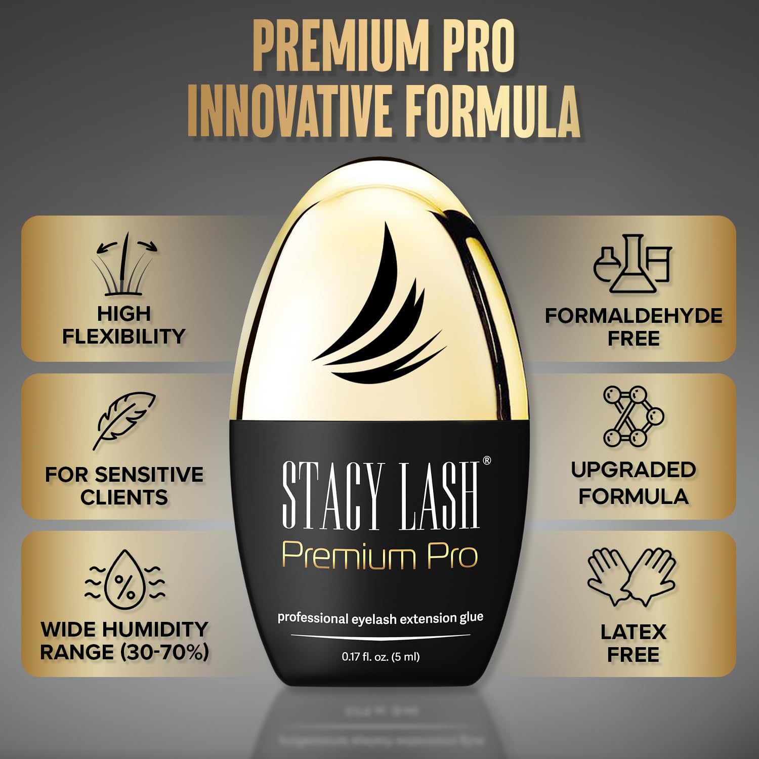 STACY LASH Premium Pro glue with low fumes supports comfortable lash sessions.