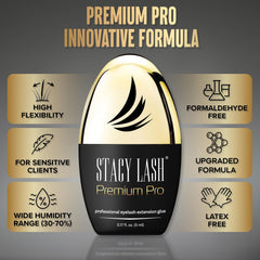 STACY LASH Premium Pro glue with low fumes supports comfortable lash sessions.