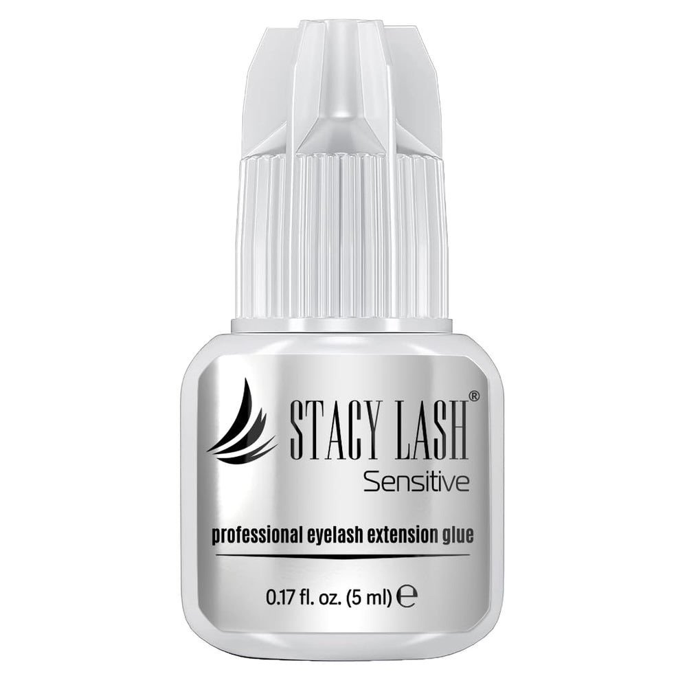STACY LASH Sensitive eyelash extension glue bottle shows low fumes for sensitive eyes and long hold.