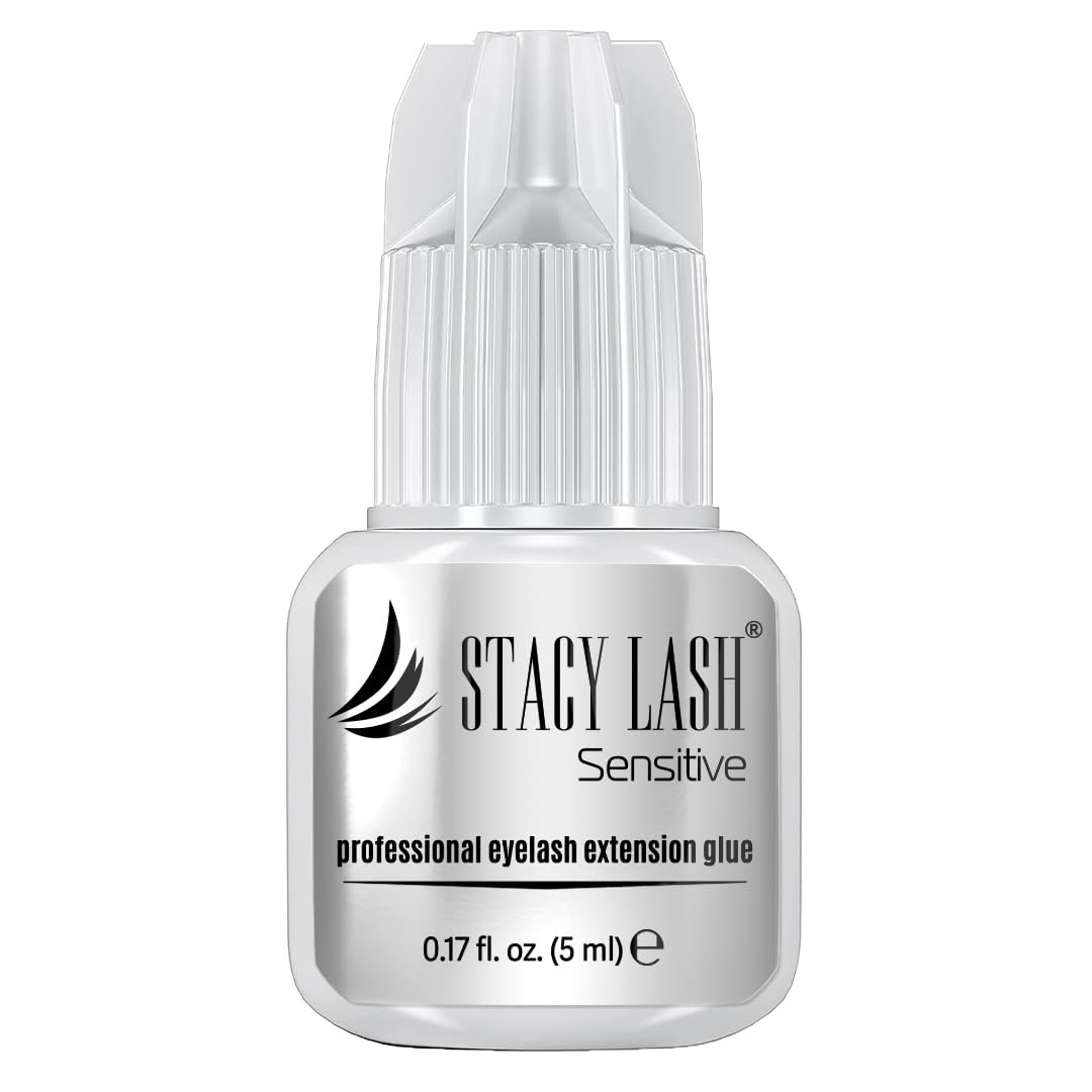STACY LASH Sensitive eyelash extension glue bottle shows low fumes for sensitive eyes and long hold.