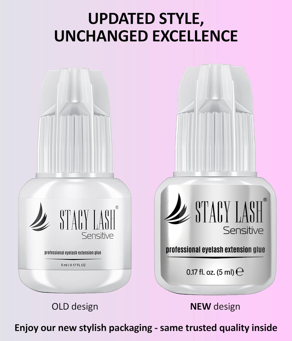 STACY LASH glue label highlights latex-free formula for sensitive clients.