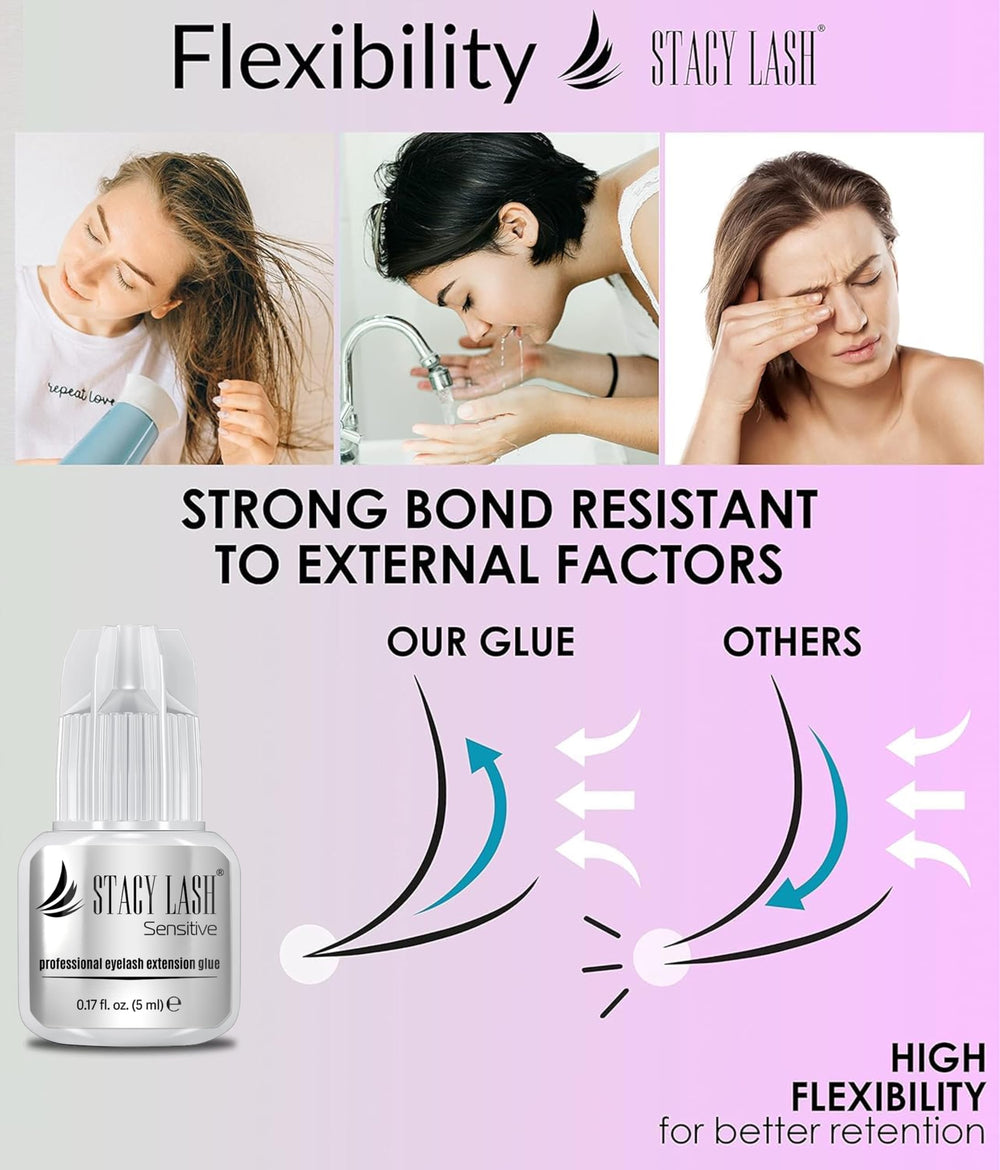 STACY LASH glue with low fumes reduces irritation risk during application.