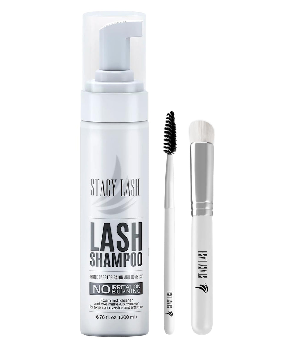 STACY LASH shampoo bottle front with foamy cleanser for lash care and mascara removal.