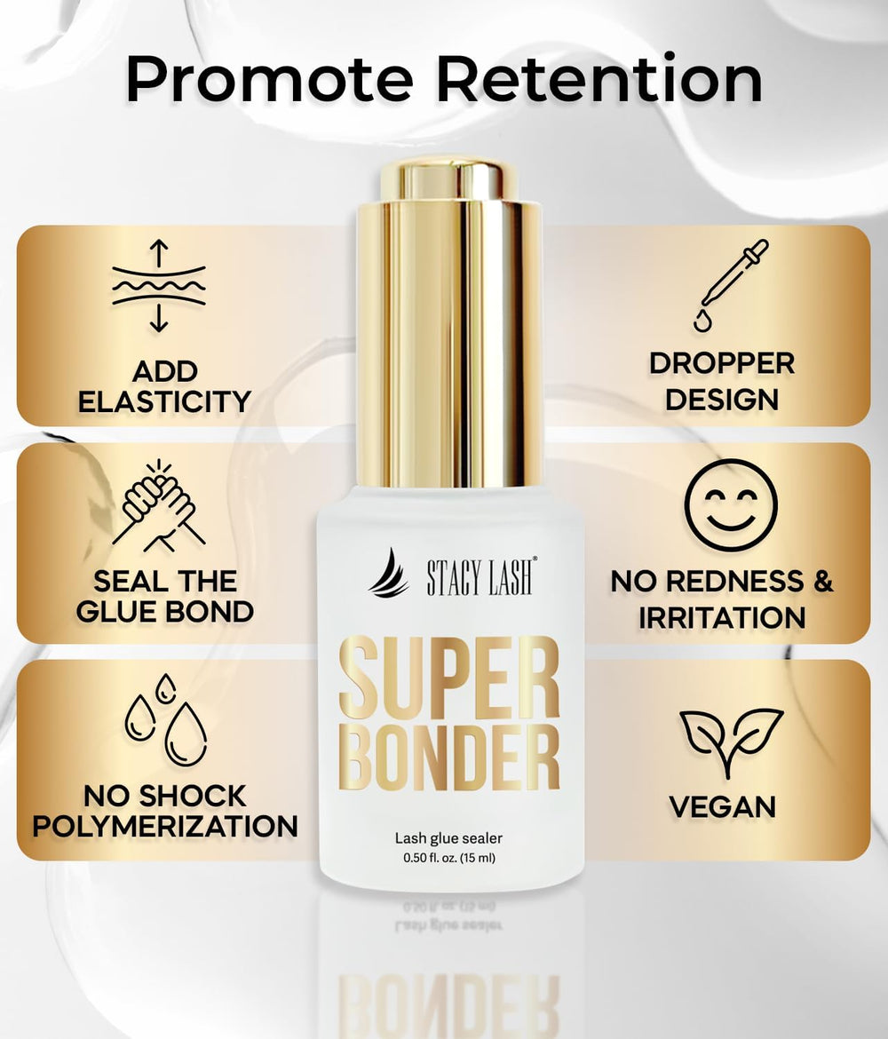 STACY LASH Super Bonder on eye with lash extensions demonstrates durable hold