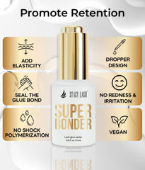 STACY LASH Super Bonder on eye with lash extensions demonstrates durable hold