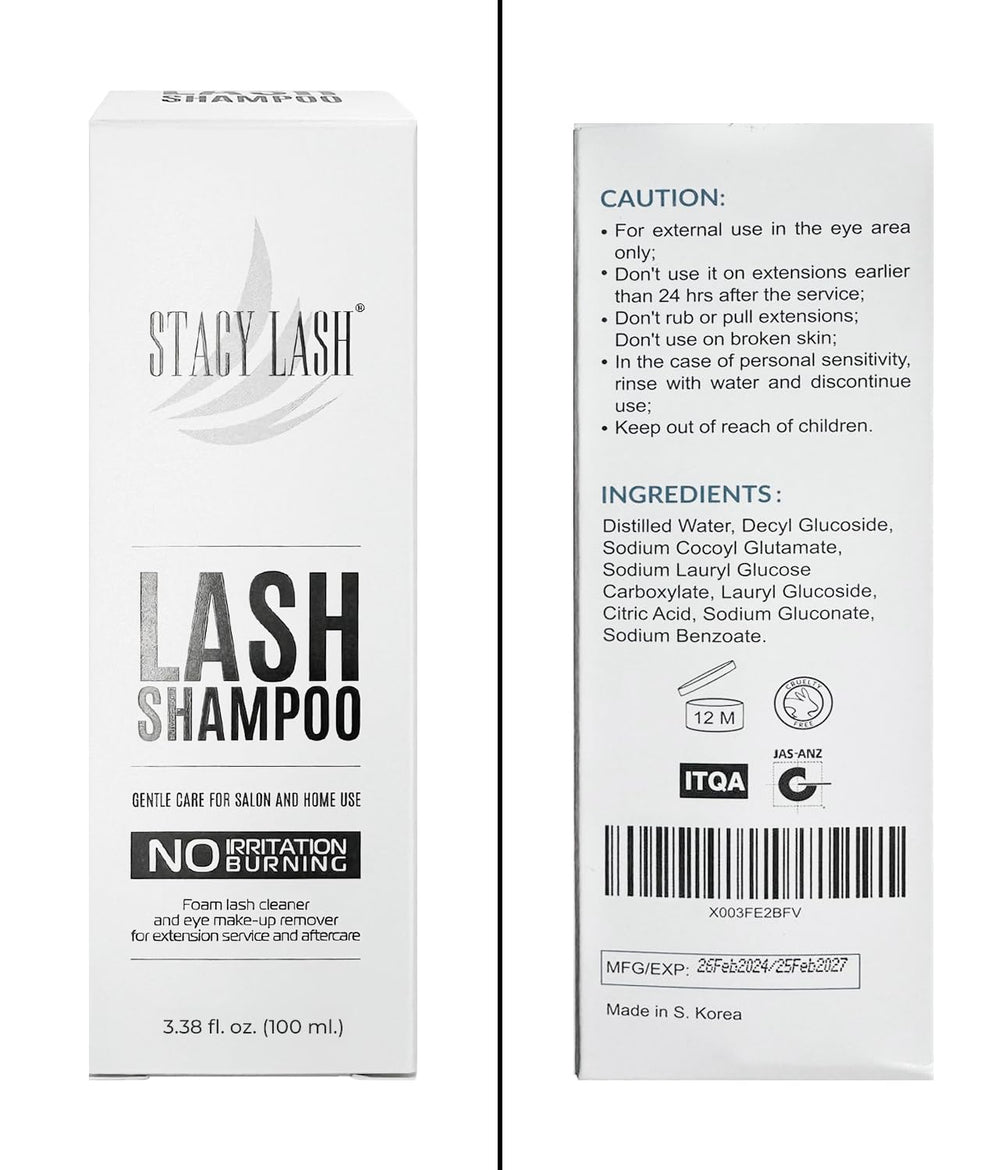 Stacy Lash vegan cruelty-free cleanser label signaling ethical lash care.