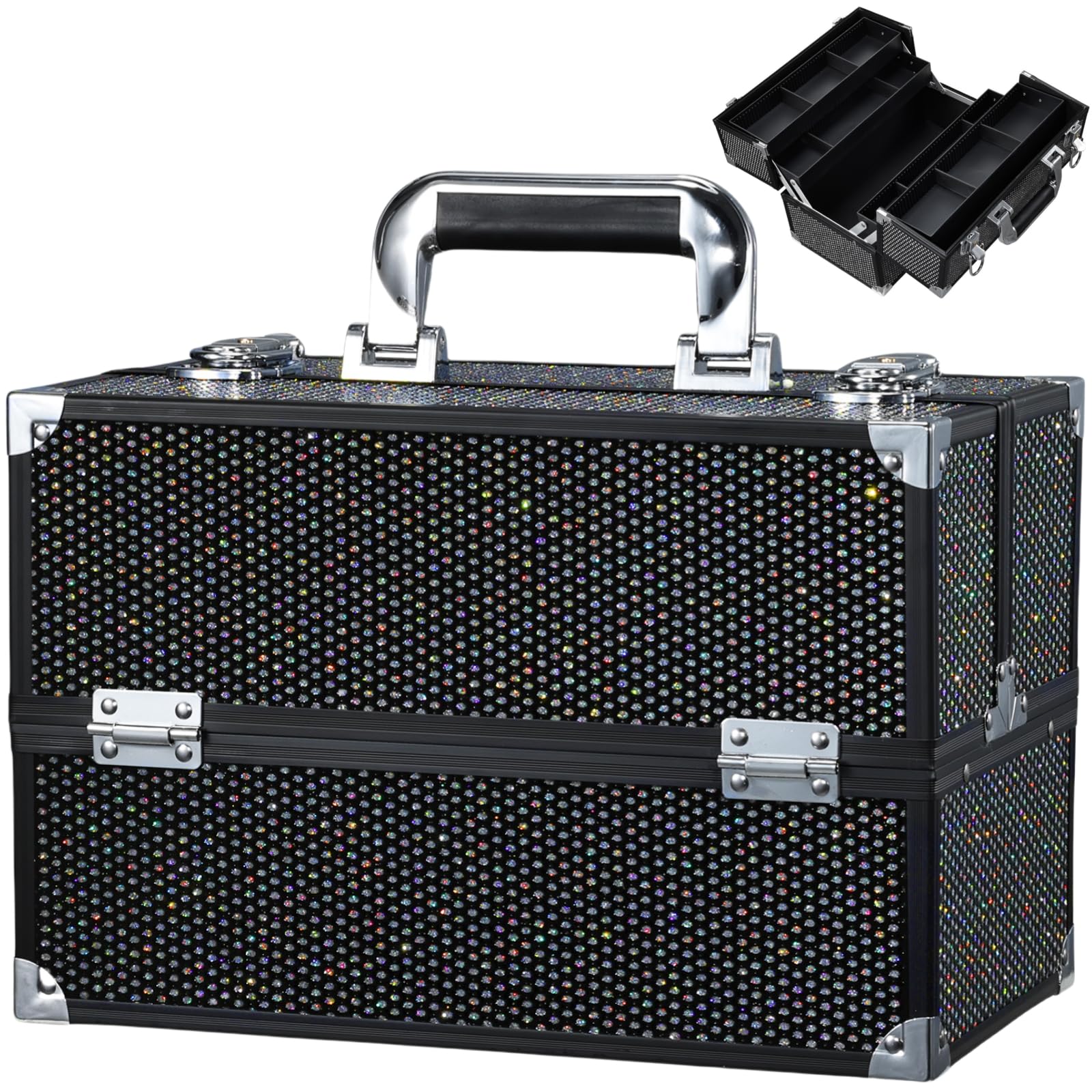 Stagiant makeup train case in diamond black with spacious interior for organized cosmetics on the go.