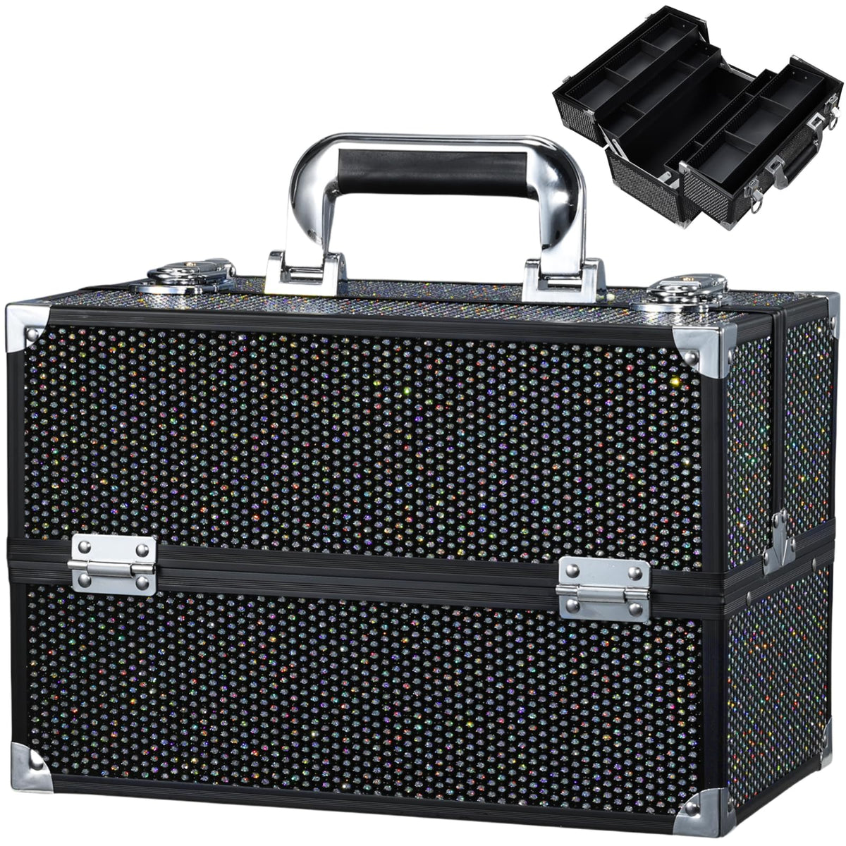 Stagiant makeup train case in diamond black with spacious interior for organized cosmetics on the go.