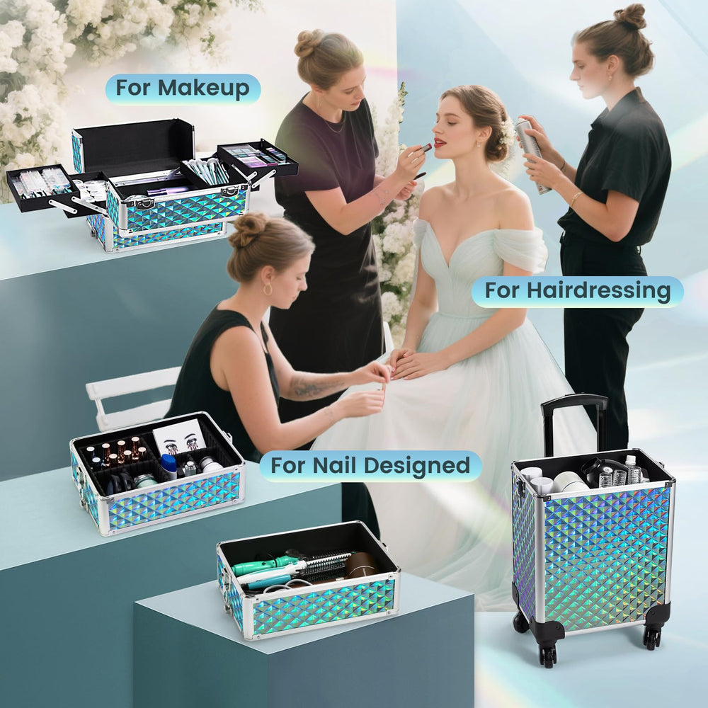 Stagiant top-section detachable for portable makeup pouch use during sessions.