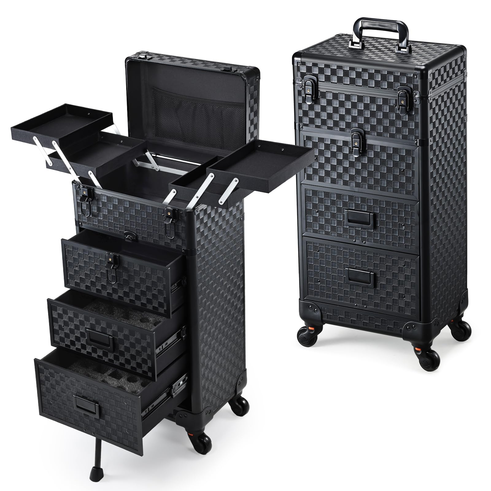 Stagiant black checkerboard leather rolling case protects makeup on the go with a durable finish.