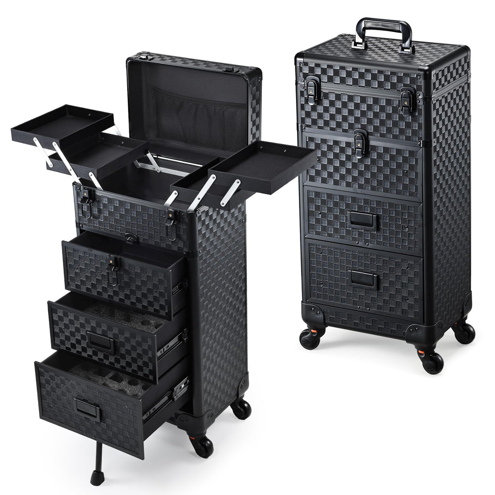 Stagiant black checkerboard leather rolling case protects makeup on the go with a durable finish.