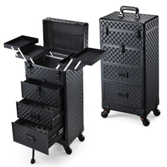 Stagiant black checkerboard leather rolling case protects makeup on the go with a durable finish.