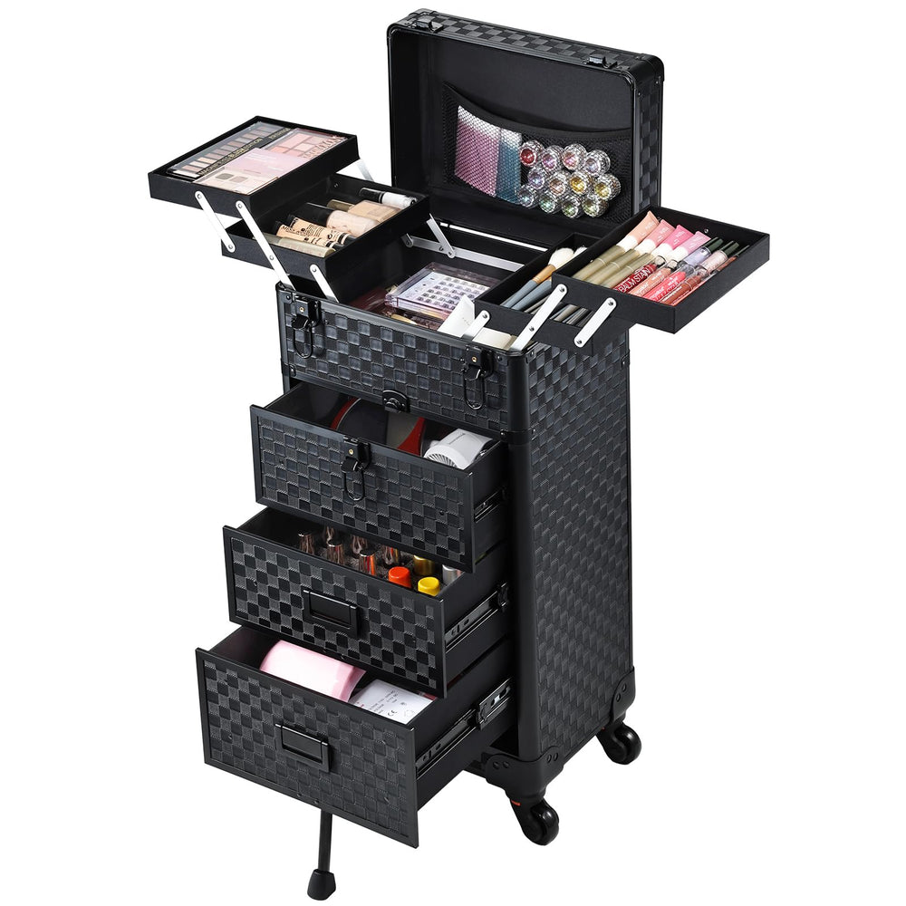Stagiant cosmetology case on wheels in use, ideal for professionals at salons and events.