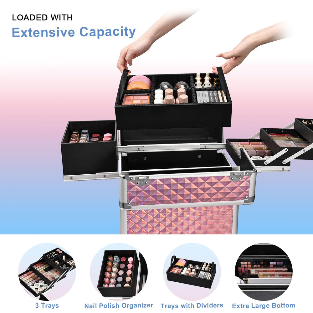 Stagiant makeup travel case shows extendable pull rod for easy mobility.