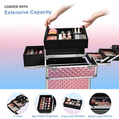 Stagiant makeup travel case shows extendable pull rod for easy mobility.