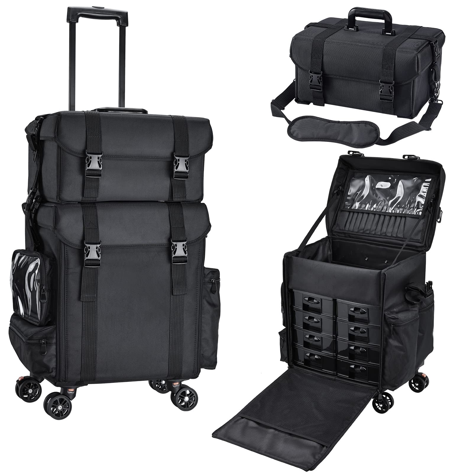 Stagiant professional rolling makeup case front view with sturdy wheels for on-the-go artists.