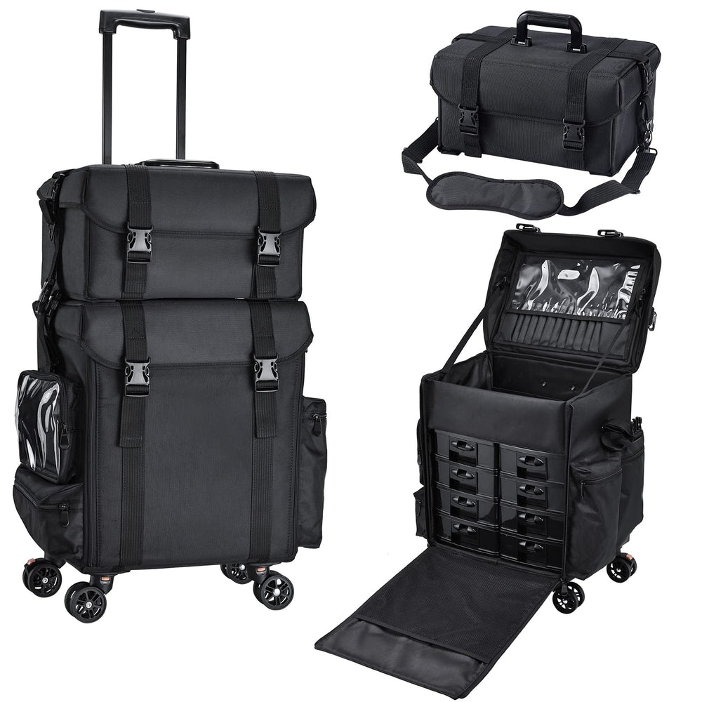 Stagiant professional rolling makeup case front view with sturdy wheels for on-the-go artists.