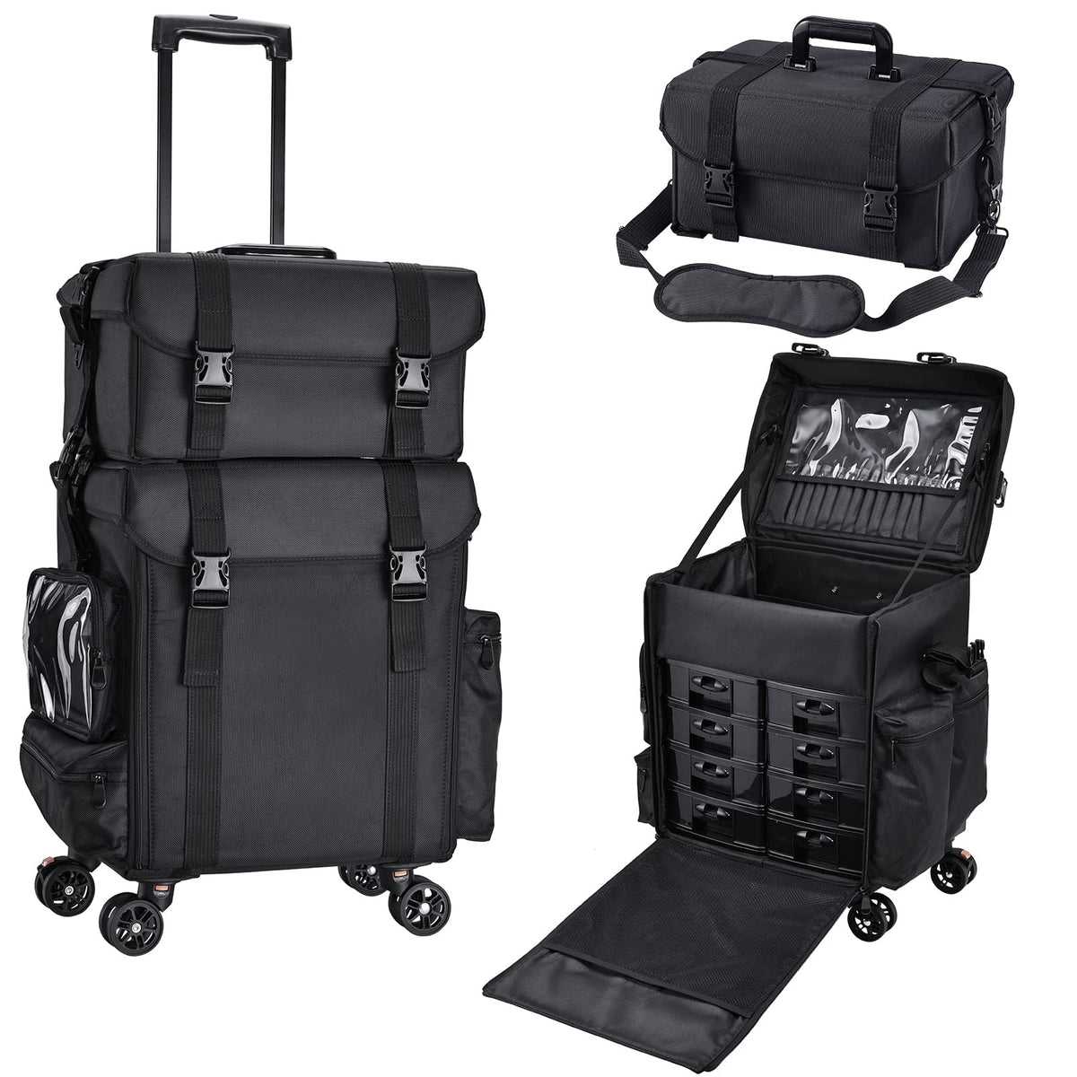 Stagiant professional rolling makeup case front view with sturdy wheels for on-the-go artists.