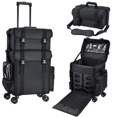 Stagiant professional rolling makeup case front view with sturdy wheels for on-the-go artists.