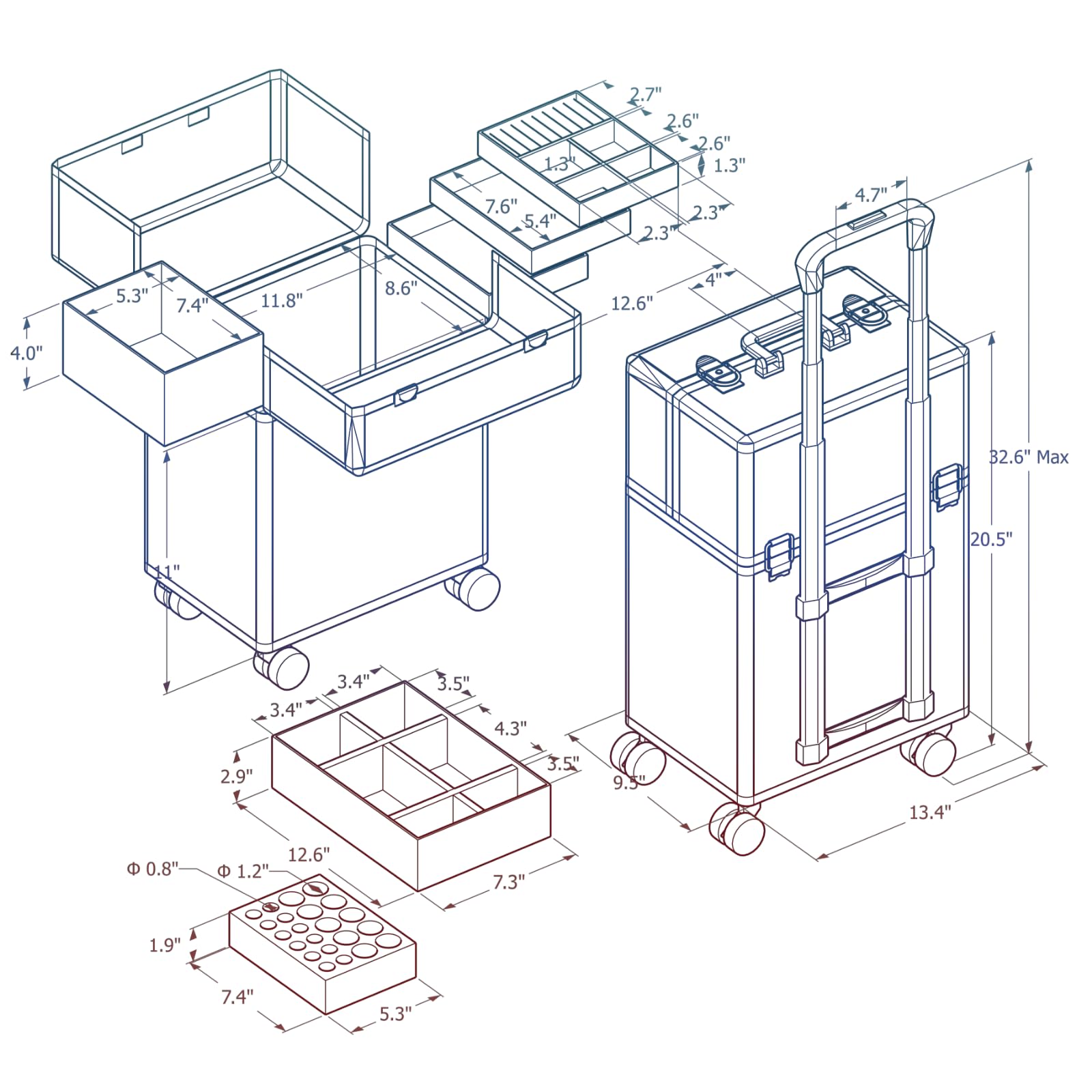 Stagiant middle tray with removable baffle adapts to different item sizes.