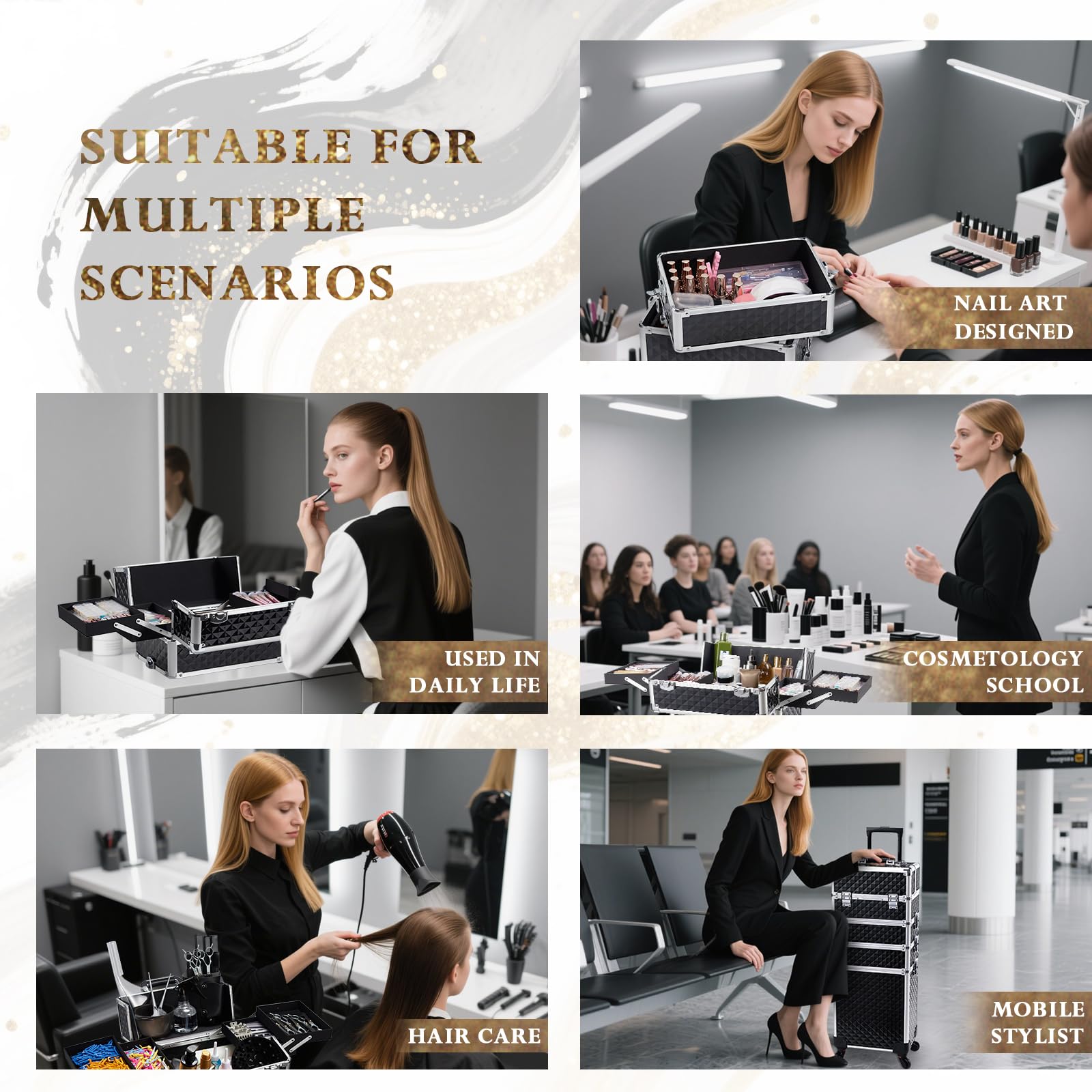 Stagiant rolling makeup case with 360-degree wheels for effortless mobility.