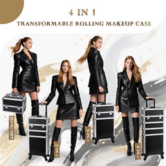 Stagiant rolling makeup case interior with removable drawers and baffles.