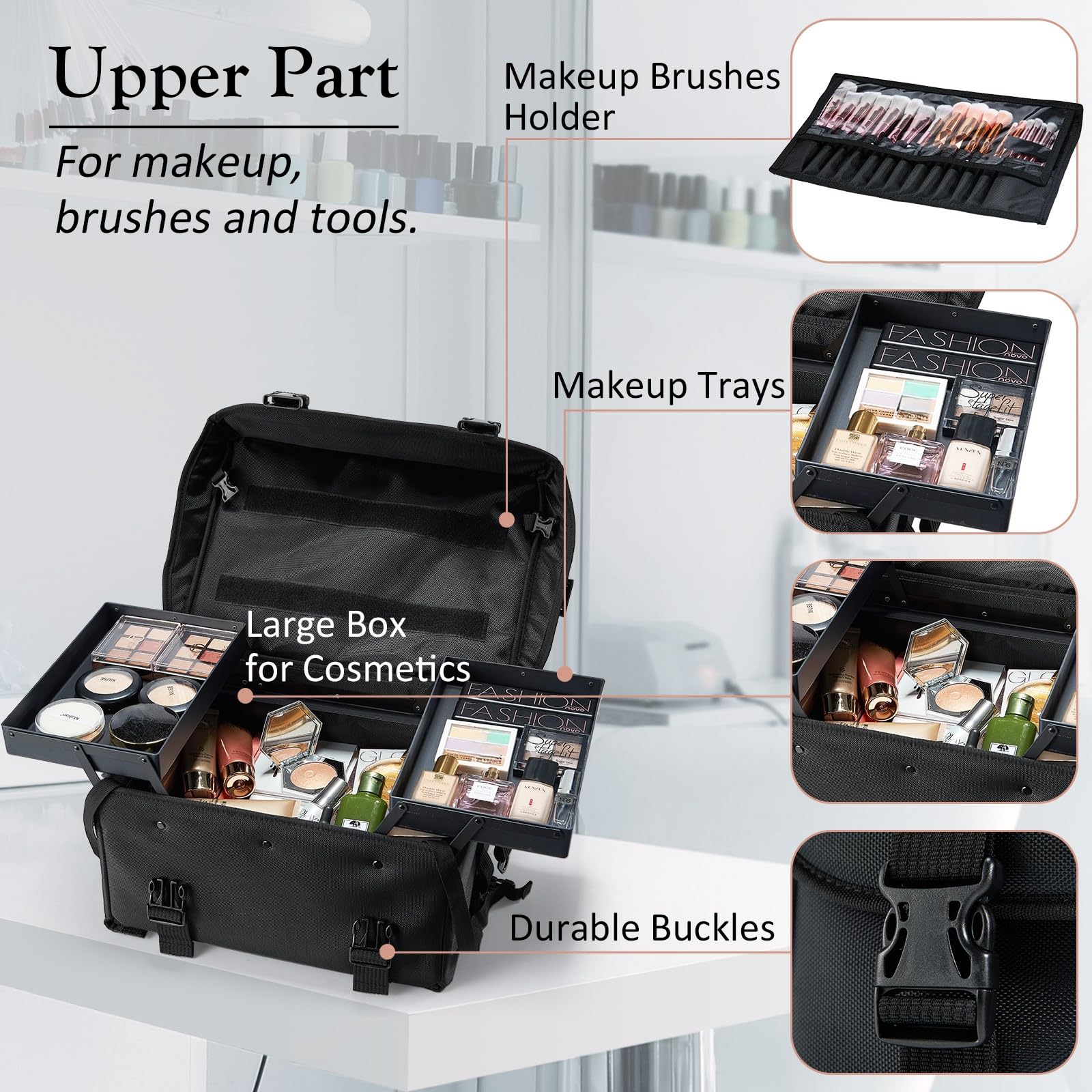 Stagiant rolling makeup case interior showing dual compartments for manicure and hair-styling tools.
