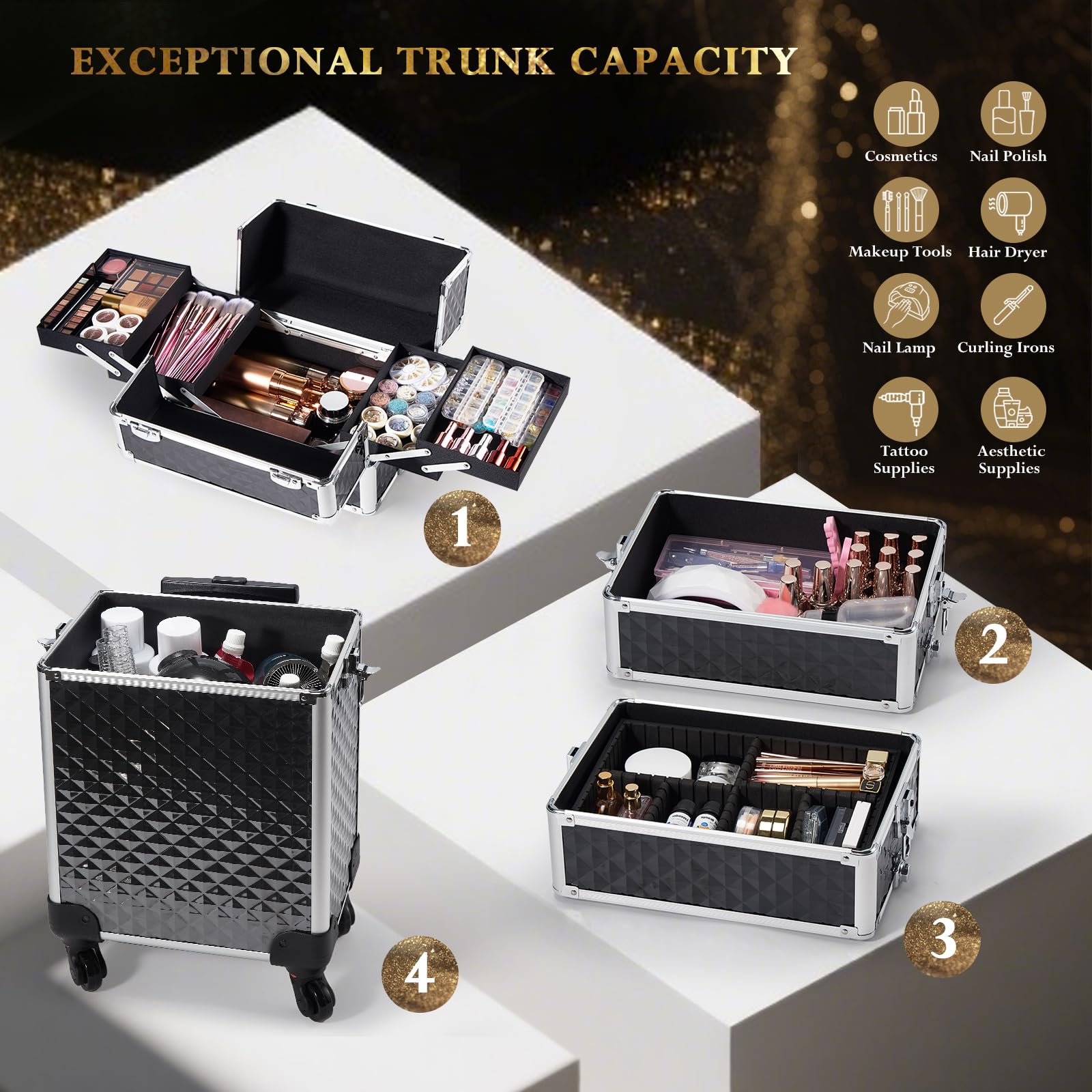 Stagiant rolling makeup case top with extendable pull rod for easy transport.