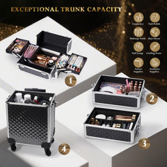Stagiant rolling makeup case top with extendable pull rod for easy transport.