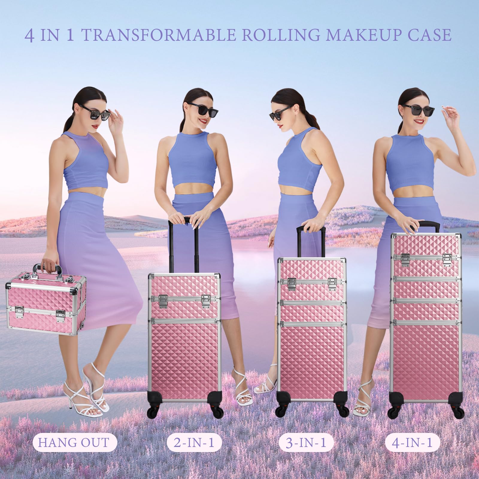Stagiant rolling makeup train case 3-in-1 configuration supports flexible setups.