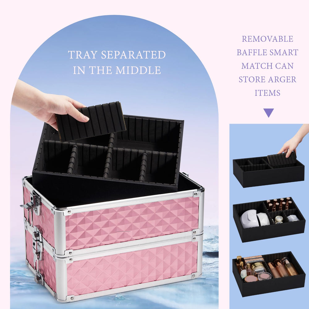 Stagiant rolling makeup train case bottom storage area keeps tools organized.