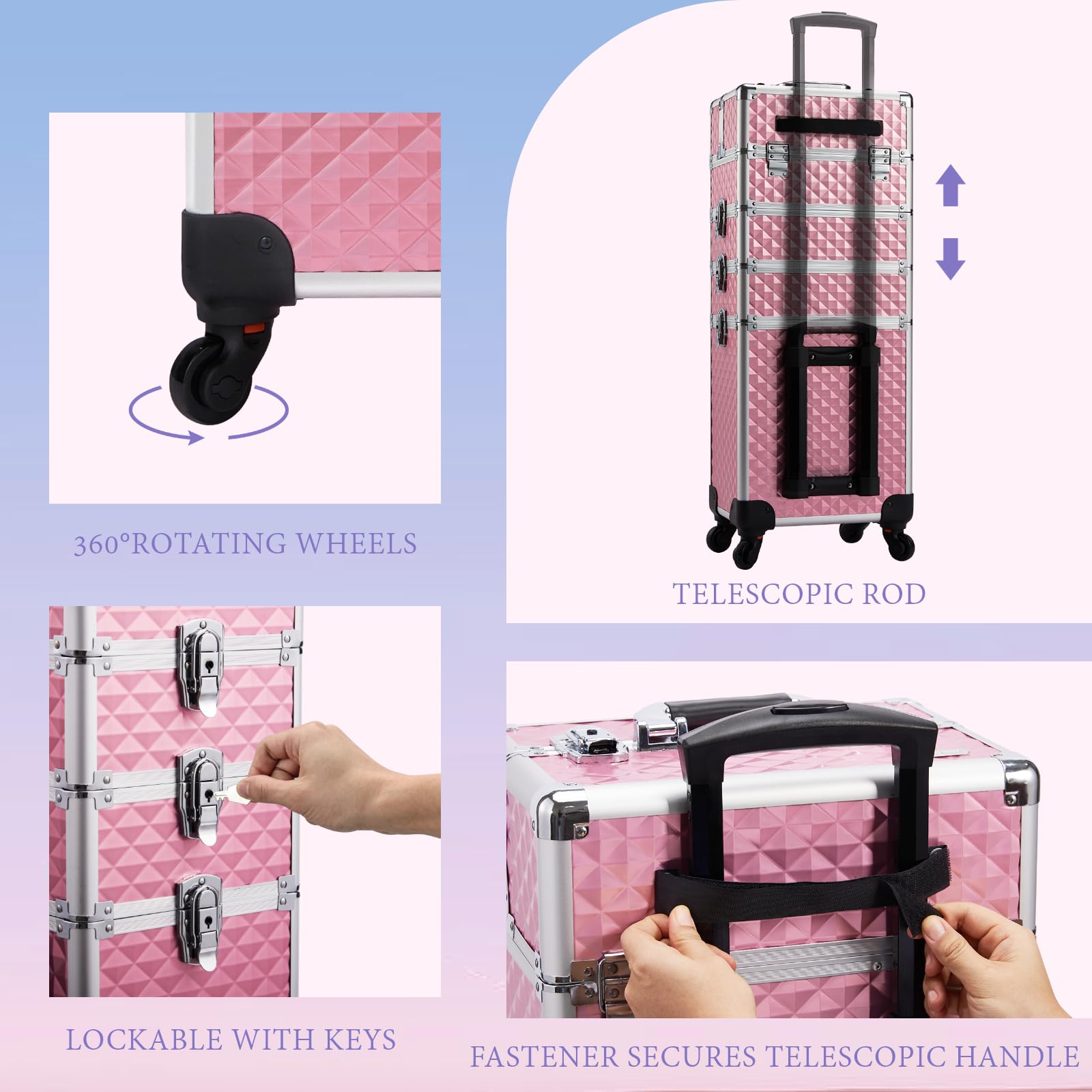 Stagiant rolling makeup train case durable materials like MDF and aluminum.