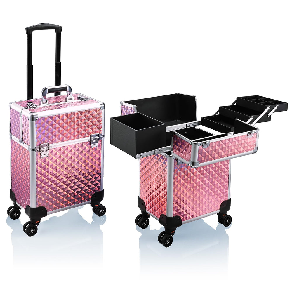 Stagiant rolling makeup train case pink with wheels for easy travel makeup setup.
