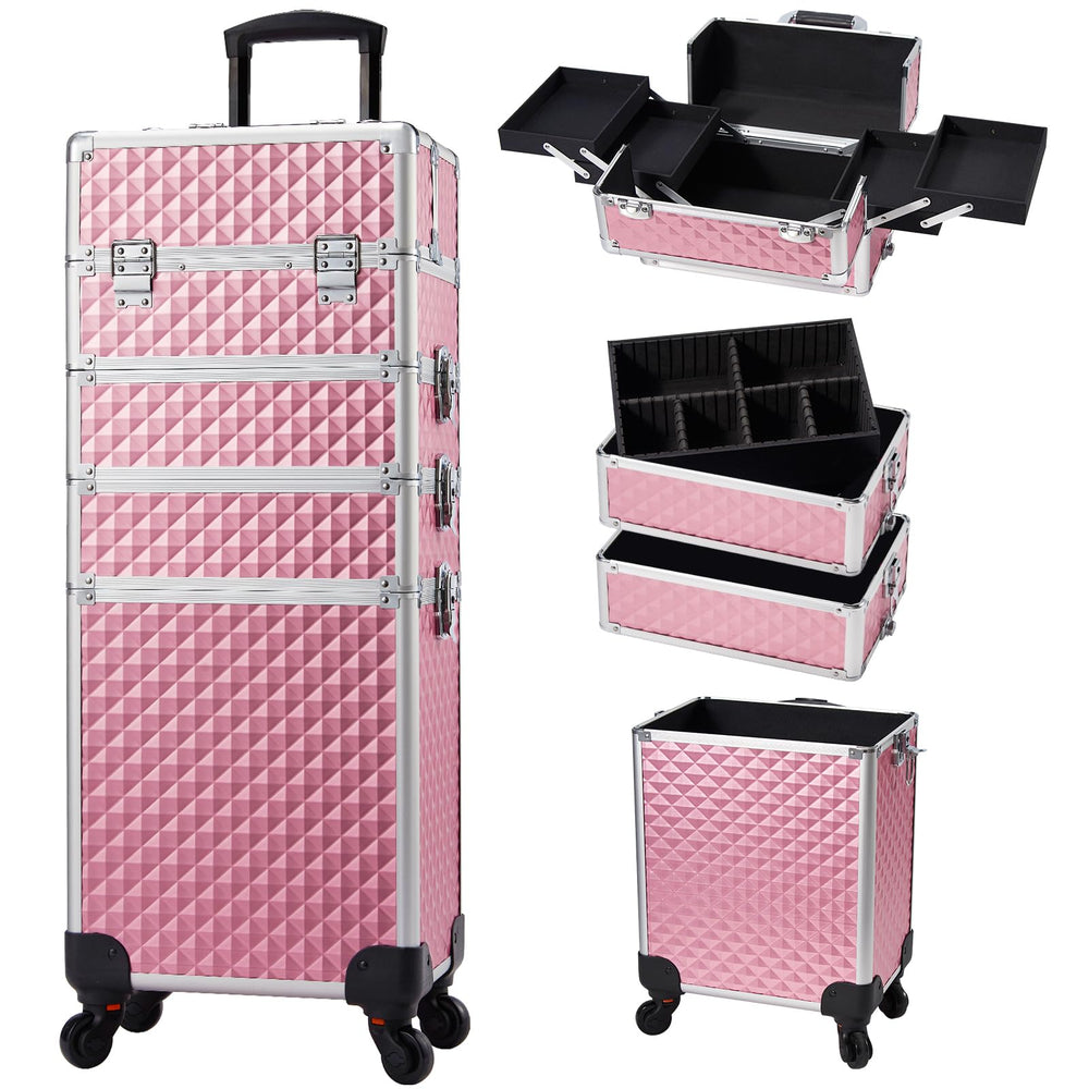 Stagiant rolling makeup train case side view with durable wheels for easy travel.