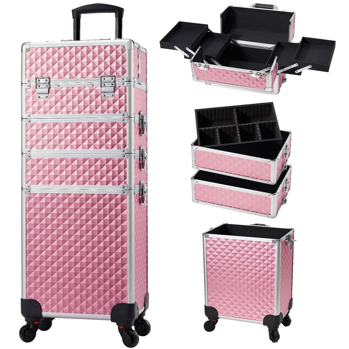 Stagiant rolling makeup train case side view with durable wheels for easy travel.