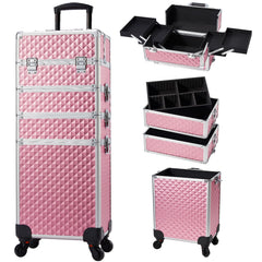 Stagiant rolling makeup train case side view with durable wheels for easy travel.
