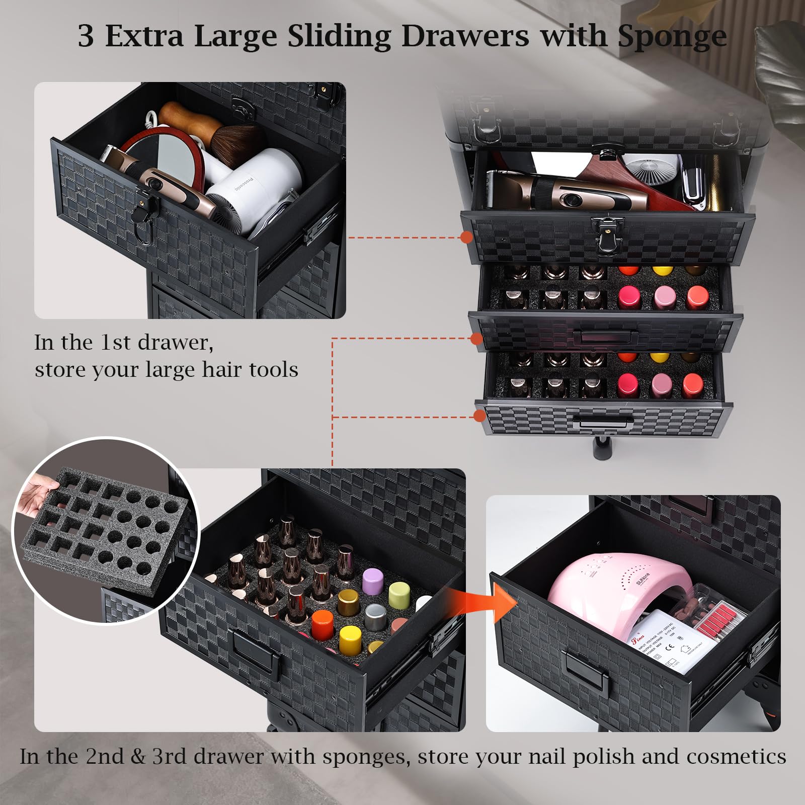 Stagiant top compartment expands to hold tools and brushes neatly.