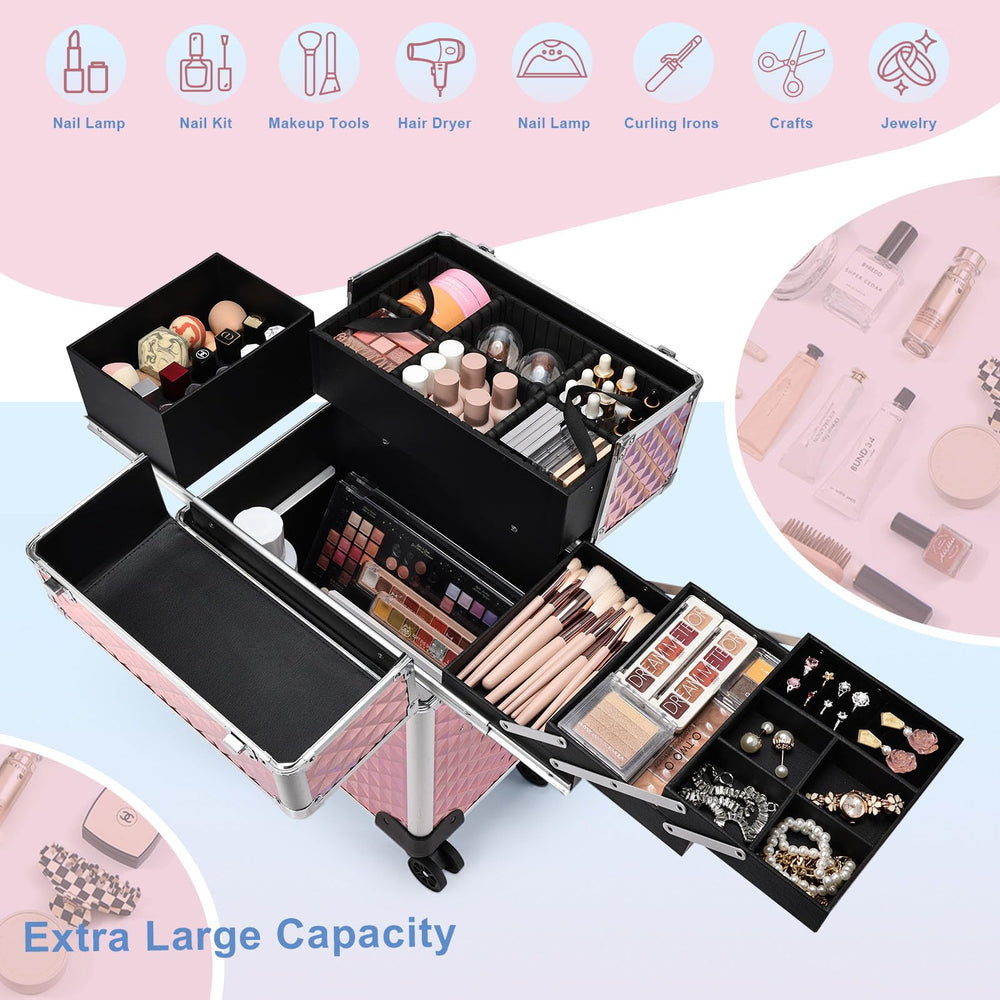 Stagiant train case with 3-tier trays to organize cosmetics and jewelry efficiently.