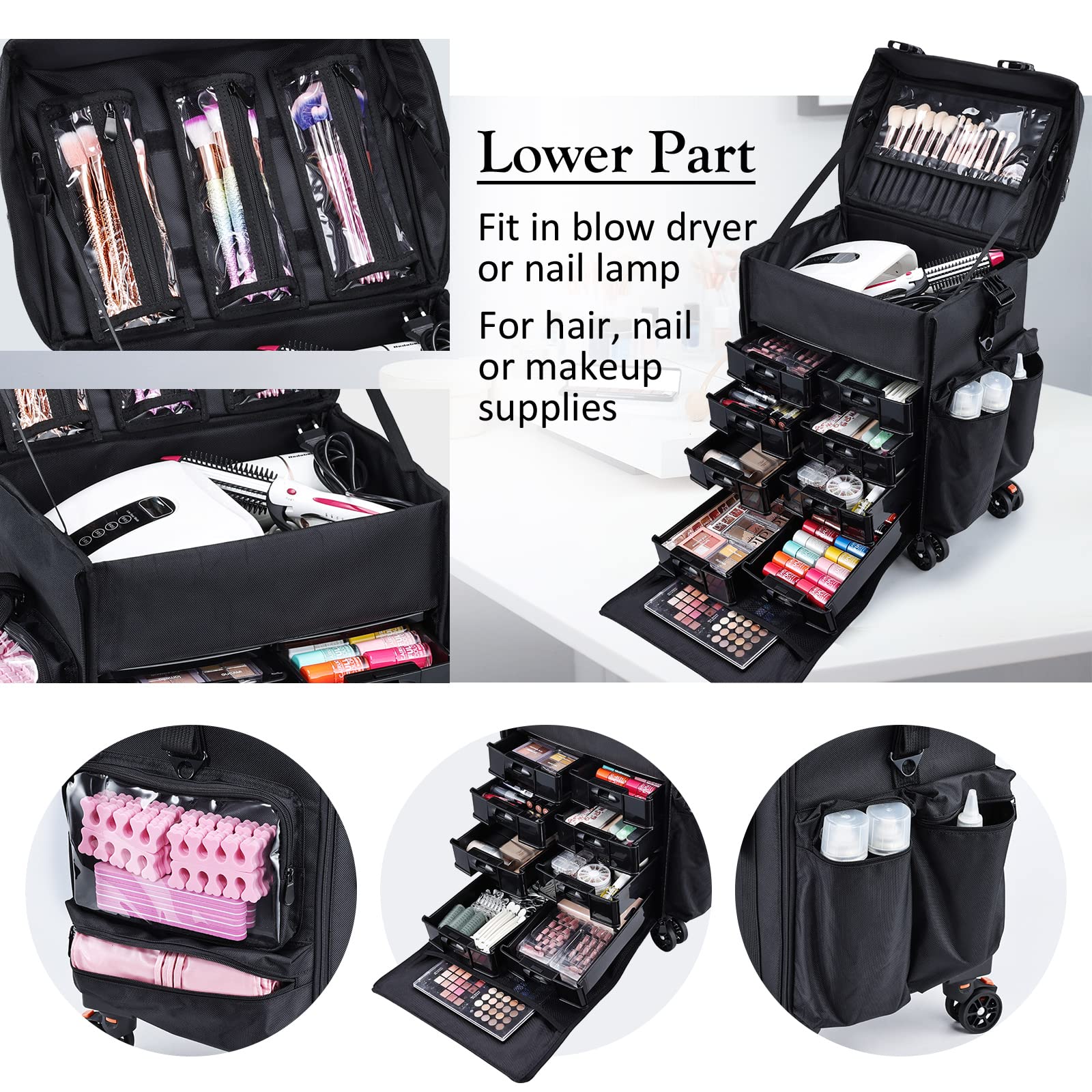 Stagiant upper compartment ready for manicure and pedicure supplies.