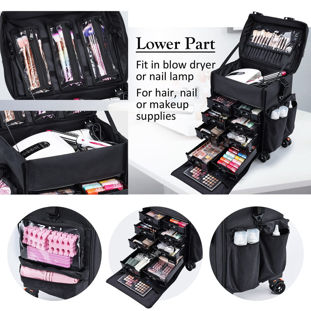 Stagiant upper compartment ready for manicure and pedicure supplies.
