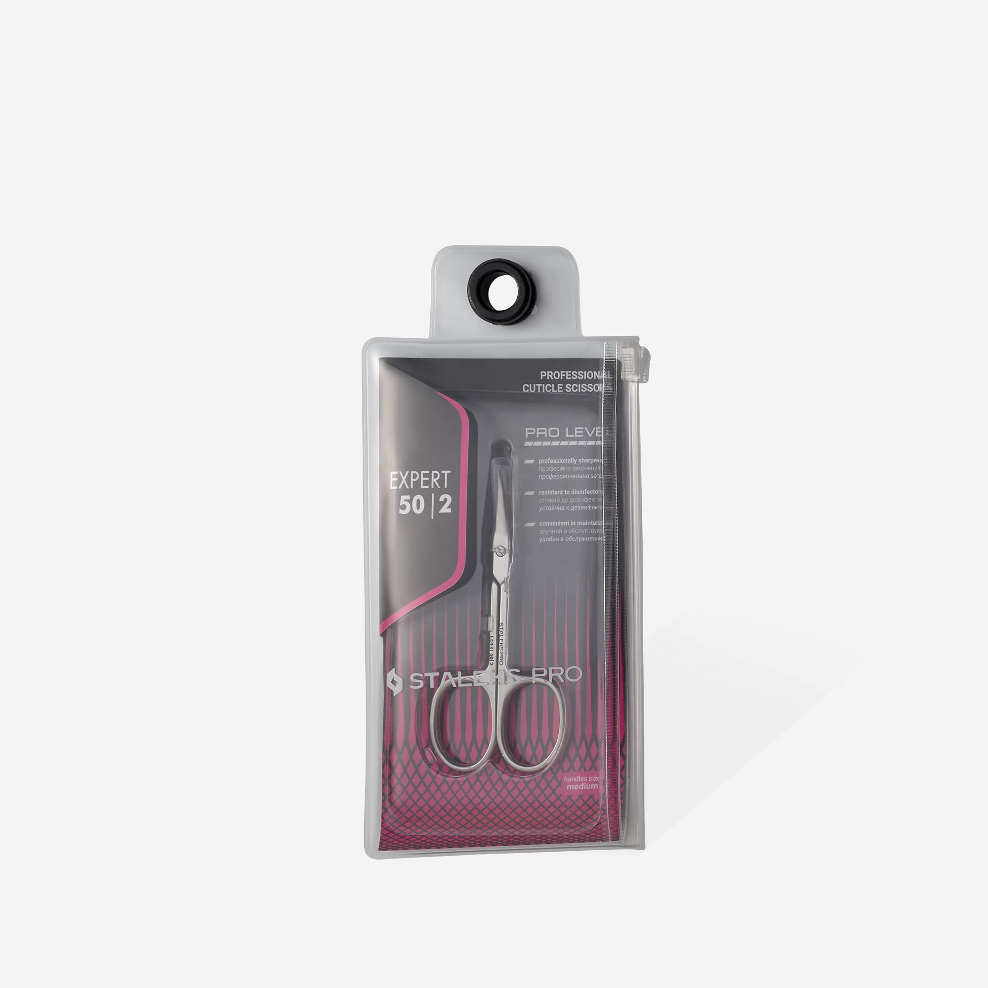 Staleks Pro Expert 50-cuticle scissors in stainless steel body for durability.